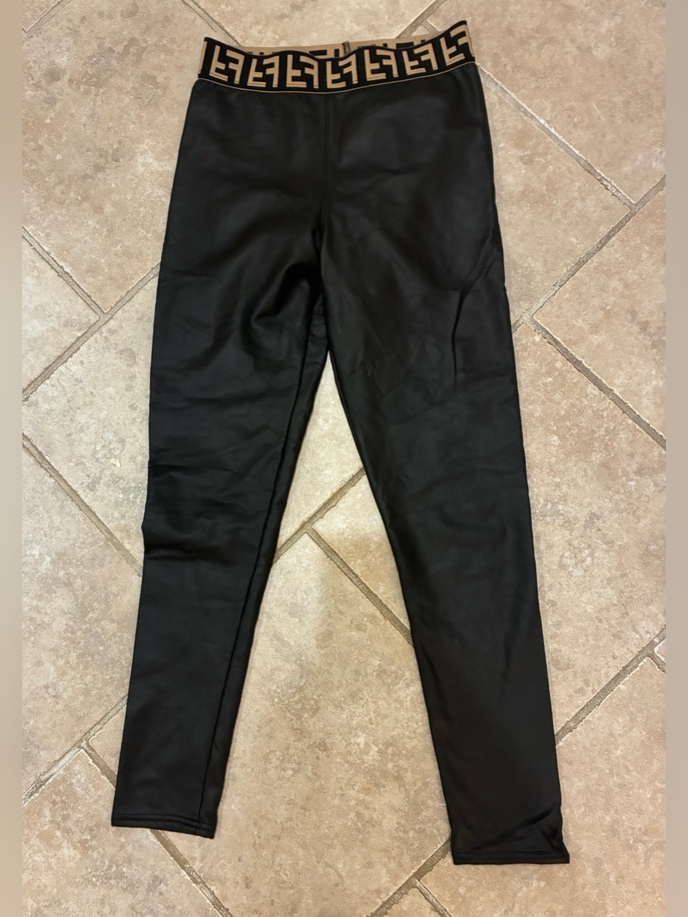 Source Unknown Black Leggings with Brown Logo Waistband